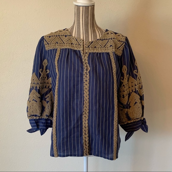 Sundance Inspired Artist Blue Striped Top Linen Women’s S - Picture 8 of 11